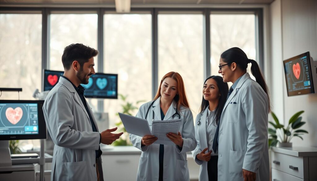 A modern medical office focusing on cardiovascular disease treatment. In the foreground, a diverse group of three healthcare professionals, two men and one woman, dressed in white lab coats and business attire, discussing a patient's chart. The middle ground features advanced medical equipment, such as heart monitors and diagnostic displays showcasing heart health data. In the background, large windows let in soft, natural light, illuminating the space and creating a calm atmosphere. The decor includes plants for a touch of warmth. Capture a sense of collaboration and innovation, highlighting the breakthroughs in biotechnology for heart disease management. Use a slight overhead angle to enhance the professional setting and provide a clear view of the interactions. The overall mood should feel optimistic and progressive, reflecting the revolutionary advancements in healthcare. A modern medical office focusing on cardiovascular disease treatment. In the foreground, a diverse group of three healthcare professionals, two men and one woman, dressed in white lab coats and business attire, discussing a patient's chart. The middle ground features advanced medical equipment, such as heart monitors and diagnostic displays showcasing heart health data. In the background, large windows let in soft, natural light, illuminating the space and creating a calm atmosphere. The decor includes plants for a touch of warmth. Capture a sense of collaboration and innovation, highlighting the breakthroughs in biotechnology for heart disease management. Use a slight overhead angle to enhance the professional setting and provide a clear view of the interactions. The overall mood should feel optimistic and progressive, reflecting the revolutionary advancements in healthcare.
