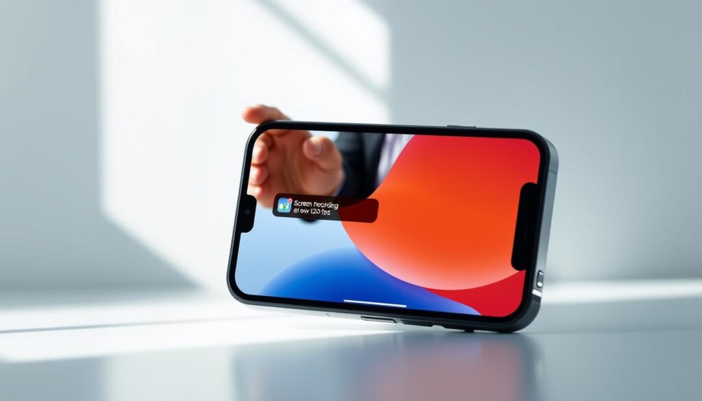 A modern, sleek iPhone 15 prominently displaying the screen with a vibrant interface showcasing the new iOS features, specifically focusing on the screen recording option at 120 fps. In the foreground, the iPhone is tilted slightly to reveal its elegant design. The middle layer features a blurred hand of a person in professional attire interacting with the phone, suggesting user engagement with the new functionalities. The background is a subtle gradient of soft blue and white, symbolizing a tech-friendly atmosphere. Natural light softly illuminates the scene, emphasizing the high-quality visuals of the iPhone’s display. The mood is innovative and forward-thinking, reflecting the cutting-edge technology of iOS.