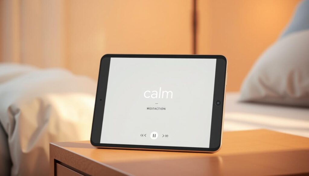 A serene, minimalist rendering of the Calm app interface, showcasing a clean, structured meditation session. The scene depicts a softly lit bedroom, with the Calm app displayed on a tablet or phone resting on a wooden nightstand. Warm, diffused lighting bathes the scene, creating a cozy, relaxing atmosphere. The app's interface features a simple, elegant design, with soothing colors and typography. The background is subtly blurred, focusing the viewer's attention on the Calm app and the sense of calm and structure it aims to provide. The overall composition conveys a sense of tranquility, inviting the viewer to experience the restorative power of the Calm app's structured meditation and sleep routines. A serene, minimalist rendering of the Calm app interface, showcasing a clean, structured meditation session. The scene depicts a softly lit bedroom, with the Calm app displayed on a tablet or phone resting on a wooden nightstand. Warm, diffused lighting bathes the scene, creating a cozy, relaxing atmosphere. The app's interface features a simple, elegant design, with soothing colors and typography. The background is subtly blurred, focusing the viewer's attention on the Calm app and the sense of calm and structure it aims to provide. The overall composition conveys a sense of tranquility, inviting the viewer to experience the restorative power of the Calm app's structured meditation and sleep routines.