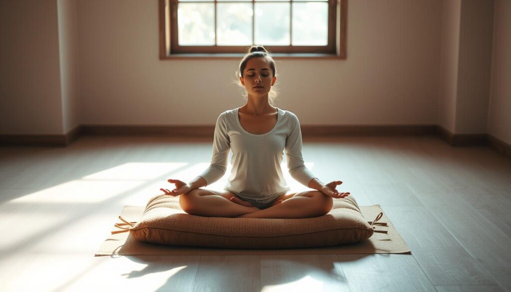 A serene person sits in a lotus position on a plush, earthy-toned meditation cushion, eyes closed and expression calm. Soft, diffused natural light filters through a window, casting a warm glow. The background is a minimalist, soothing space with clean lines and muted tones, creating a sense of tranquility. The overall atmosphere evokes a deep state of mindfulness and introspection, as if the viewer is witnessing a "master class" in self-awareness and inner peace. A serene person sits in a lotus position on a plush, earthy-toned meditation cushion, eyes closed and expression calm. Soft, diffused natural light filters through a window, casting a warm glow. The background is a minimalist, soothing space with clean lines and muted tones, creating a sense of tranquility. The overall atmosphere evokes a deep state of mindfulness and introspection, as if the viewer is witnessing a "master class" in self-awareness and inner peace.
