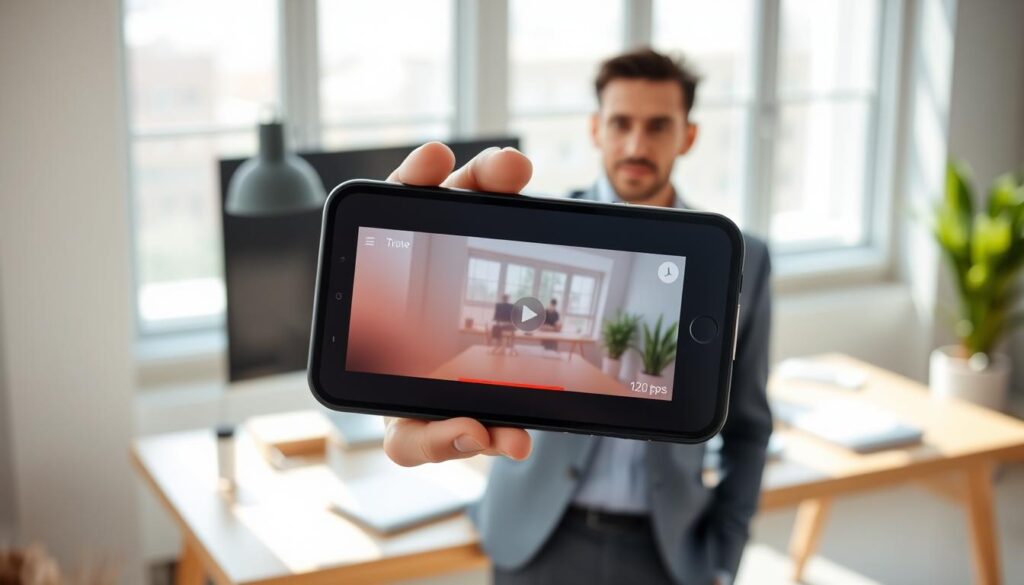 A sleek iPhone 15, displaying a vibrant screen showcasing the screen recording feature, with a focus on 120 fps playback. In the foreground, a professional user, dressed in business casual attire, is holding the device, looking intrigued and engaged. The middle ground features a softly blurred modern workspace with minimalistic design elements, such as a wooden desk and a potted plant. In the background, bright daylight filters through a large window, casting natural shadows and adding warmth to the scene. The overall atmosphere is one of productivity and innovation, illustrating optimal usage of technology. Use soft, diffused lighting for a professional look, and capture the scene from a slightly elevated angle to emphasize the iPhone’s details.