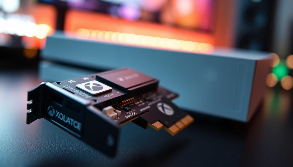 A close-up image of a storage expansion card designed for Xbox, featuring its sleek, rectangular shape with distinct connector points. The foreground showcases the card with detailed textures, highlighting the circuitry and branding. In the middle section, display the Xbox console partially visible, emphasizing the contrast between the card and the console's design. The background includes a blurred gaming setup with soft, warm LED lighting, creating an inviting atmosphere that resonates with gamers. Use a shallow depth of field to focus on the expansion card, capturing its intricate details while softly blurring the surrounding elements. The overall mood should convey a sense of curiosity and contemplation, inviting viewers to consider the implications of storage expansion in gaming.