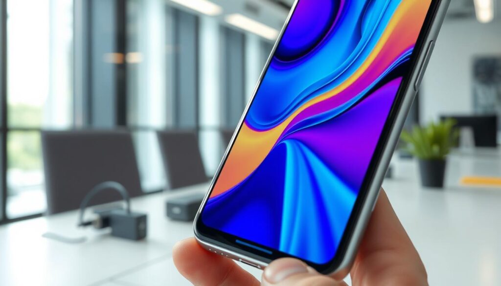 A close-up of a smartphone screen showcasing vibrant, high-resolution graphics and a sleek user interface. In the foreground, the smartphone is held at an angle, emphasizing its edge display and how it interacts with light. The middle ground includes a blurred background of a modern office environment, with hints of technology like charging cables and office gadgets subtly placed. The lighting is bright and even, reflecting a professional atmosphere, capturing the essence of innovation and usability. The color palette is fresh and modern, with a focus on cool tones to convey a sense of efficiency and sophistication. The overall mood is one of technological advancement and the importance of energy efficiency in long-term usage.