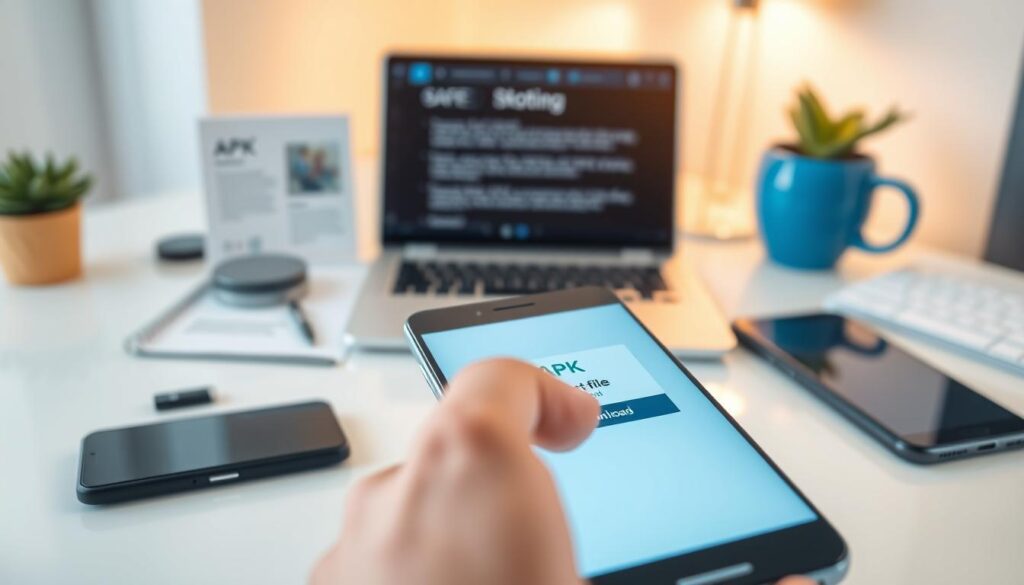A close-up shot of a modern smartphone displaying a download interface for an APK file, set against a clean, sleek desk with other tech gadgets. In the foreground, the finger of a person in professional business attire is tapping the download button on the screen. The middle layer features a blurred laptop and notes on safe downloading practices, while the background subtly hints at a cozy workspace with warm, inviting lighting. Soft shadows enhance the realism, creating an atmosphere of focus and security. The color palette should be calm with blues and whites to convey a sense of reliability and trust in technology. The image should feel modern and informative, highlighting the theme of safe APK downloading.