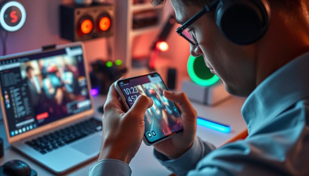 A close-up shot of a person testing a smartphone's performance in a tech-focused workspace. The individual, dressed in professional attire, is intently using several demanding applications at once, showcasing the phone's multitasking capabilities. The smartphone's screen is illuminated, reflecting vivid graphics from a high-performance game, with performance metrics displayed on the side. In the background, a modern desk setup features a laptop, various tech gadgets, and colorful LED lights to create a high-tech ambience. The lighting is bright and focused, enhancing the smartphone's details and creating a professional atmosphere. The overall mood is one of determination and concentration, capturing the essence of a performance test.