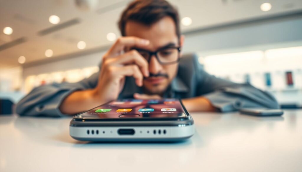 A close-up view of a smartphone laid out prominently on a clean white surface, showcasing common signs of a refurbished device, such as slight scratches or wear. The phone screen shows vibrant, well-lit icons, hinting at its functionality. In the background, blurred out is a subtle display of other smartphones in a retail setting to imply choice, while warm, diffused lighting creates a welcoming atmosphere. A professional individual, dressed in smart casual attire, is inspecting the smartphone closely, conveying a discerning purchasing attitude. The overall mood is focused and educational, intended to emphasize the importance of recognizing key features and potential flaws in refurbished smartphones.