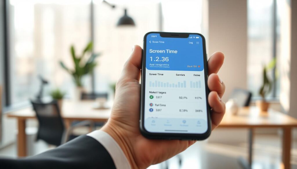 A close-up view of an iPhone screen displaying the “Screen Time” feature in an iOS app, highlighting app usage statistics in an aesthetically pleasing layout. The foreground features the sleek device held by a hand in a professional business attire, emphasizing a tech-savvy individual. In the middle ground, a blur of a modern office environment is visible, with soft natural light filtering through a large window, reflecting a productive atmosphere. The background should include hints of office decor, such as plants and minimalistic furniture, ensuring a clean and organized appearance. The overall mood is focused and analytical, suggesting careful monitoring and management of app usage. The angle is slightly tilted, creating a dynamic view that draws the viewer's eye toward the device. A close-up view of an iPhone screen displaying the “Screen Time” feature in an iOS app, highlighting app usage statistics in an aesthetically pleasing layout. The foreground features the sleek device held by a hand in a professional business attire, emphasizing a tech-savvy individual. In the middle ground, a blur of a modern office environment is visible, with soft natural light filtering through a large window, reflecting a productive atmosphere. The background should include hints of office decor, such as plants and minimalistic furniture, ensuring a clean and organized appearance. The overall mood is focused and analytical, suggesting careful monitoring and management of app usage. The angle is slightly tilted, creating a dynamic view that draws the viewer's eye toward the device.