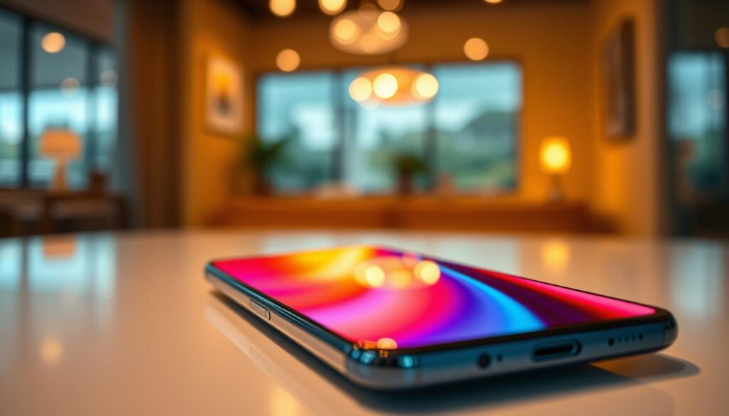 A close-up view of the Infinix GT 30 Pro smartphone, prominently displaying its vibrant AMOLED screen featuring HDR10+ capabilities. The device is positioned on a sleek, modern surface, with subtle reflections highlighting its premium design. In the foreground, the screen shows vivid, high-contrast colors to emphasize the technology, while a soft bokeh effect creates a pleasing visual depth in the background. Warm, diffused lighting enhances the scene, simulating a cozy indoor environment, inviting viewers into the vibrant details of the phone. The angle captures the curved edges and refined contours of the smartphone, showcasing its appeal as a mid-range device packed with features. The overall atmosphere is focused and professional, suitable for tech enthusiasts.