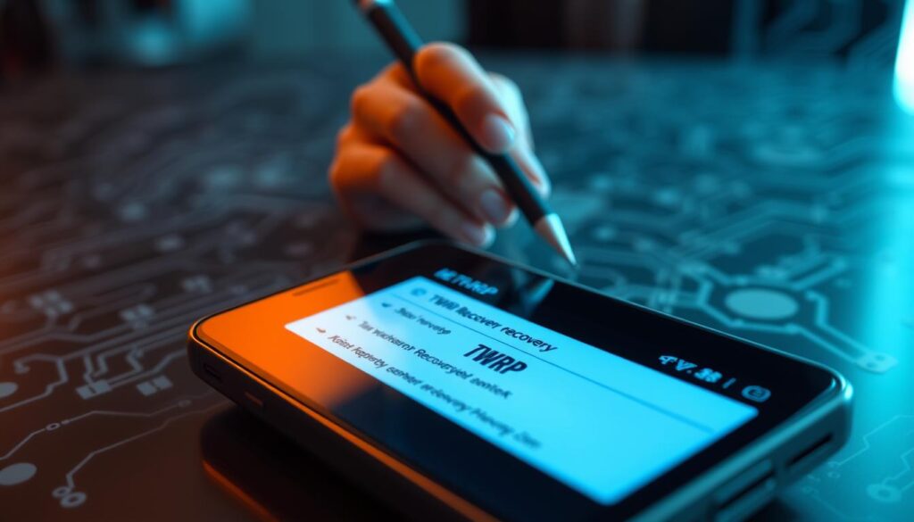 A detailed illustration of a smartphone booting into a custom recovery interface, prominently featuring the TWRP (Team Win Recovery Project) logo on the screen. In the foreground, the smartphone displays a blurred yet easy-to-read menu of recovery options, illuminated with a soft blue light against a darker background. The middle layer includes a close-up of a person's hands, clad in professional attire, delicately navigating the touchscreen with a stylus. The background is a softly lit tech workspace with abstract circuit board patterns and subtle hues of gray and blue, evoking a high-tech atmosphere. The overall mood is focused and innovative, highlighting the theme of alternative ROMs and compatibility within a professional context, and captured using a slightly angled shot to enhance depth.