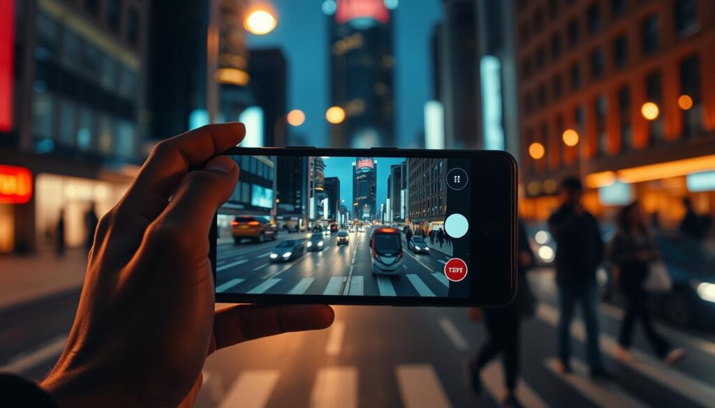 A dramatic low-light scene featuring a mid-range smartphone capturing video footage in a bustling city at dusk. In the foreground, a hand holds the smartphone steady, displaying its sleek design. The middle layer shows blurry, dynamic motion of pedestrians and traffic as they move past, illustrating the effects of electronic image stabilization (EIS). The background features softly blurred city lights and silhouettes of tall buildings, creating a vibrant yet moody urban atmosphere. The lighting is warm with a mix of orange and blue hues, accentuating the contrast between light and shadow. The angle is slightly tilted, giving a dynamic feel to the scene, while maintaining a professional look. The overall mood captures the essence of modern technology in challenging lighting conditions, focusing on stability and clarity.