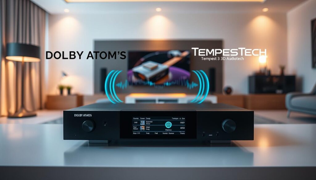 A dynamic comparison of audio technologies, featuring a modern gaming console setup displaying both Dolby Atmos and Tempest 3D AudioTech. In the foreground, a sleek audio console with a clear user interface, showcasing sound options on a vibrant digital screen. In the middle ground, sound waves visually emanating from the console, creating a sense of spatial depth. The background features a contemporary living room setup with soft ambient lighting, highlighting the immersive experience of gaming and audio. Use a wide-angle lens effect to capture the expanse of the room while keeping the focus sharp on the console. The atmosphere should evoke excitement and innovation, emphasizing the cutting-edge nature of audio technology in gaming.