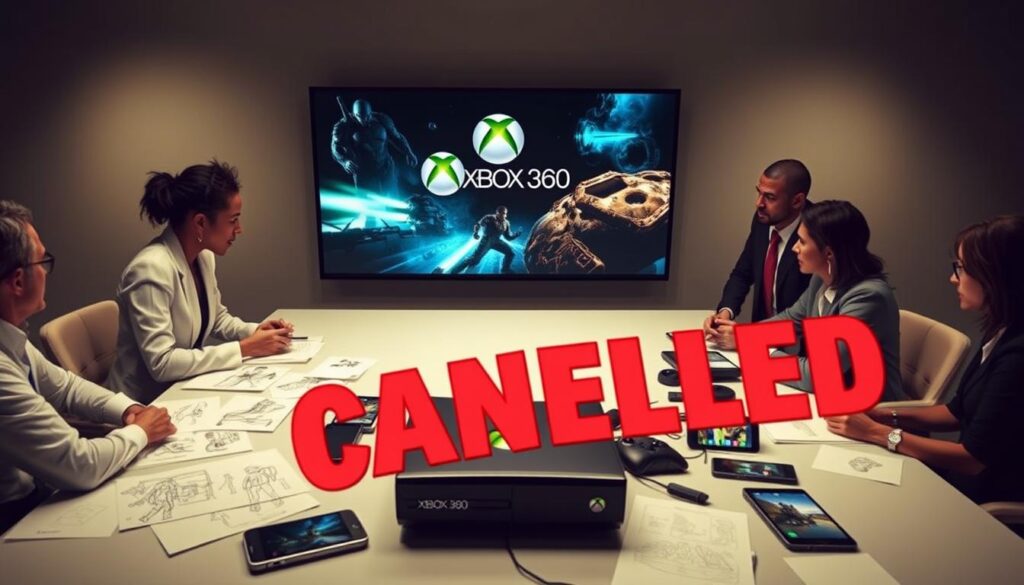 A dynamic scene focusing on a creative business meeting discussing the cancellation of an exclusive Xbox 360 game three months before launch. In the foreground, a diverse group of four professionals in business attire engage in an animated discussion around a large table filled with concept art, sketches, and digital devices displaying gameplay footage. The middle ground features a large screen showcasing an Xbox 360 console with a visually striking game logo and tantalizing visuals of the game that was canceled. The background displays soft lighting with muted colors, creating a serious and contemplative atmosphere, evoking the weight of decision-making in the gaming industry. The camera angle is slightly elevated, emphasizing the tension and collaboration among the team.