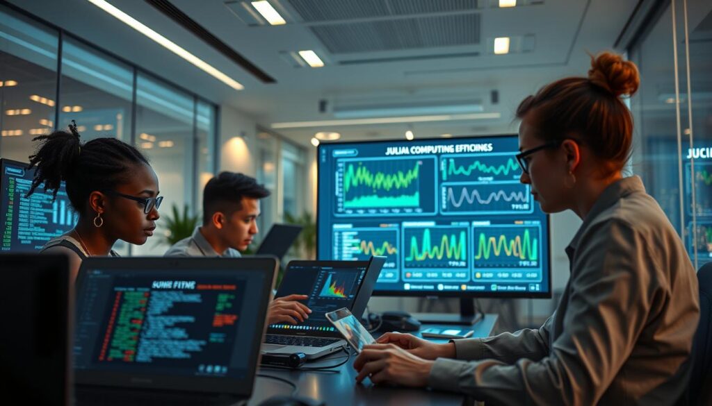 A futuristic workspace showcasing the power of the Julia programming language. In the foreground, a diverse group of three professionals, including a Black woman, an Asian man, and a Caucasian woman, are intensely focused on their laptops, coding together. The setting features high-tech monitors displaying complex algorithms and colorful graphs related to heavy computation tasks. In the middle ground, a large digital screen highlights the efficiency of Julia compared to Python and C++. The background is a sleek, modern office with ambient lighting, soft blue and green hues to evoke innovation, and a glass wall revealing a cityscape. Capture this scene from a slightly elevated angle, conveying collaboration, focus, and a tech-forward atmosphere.