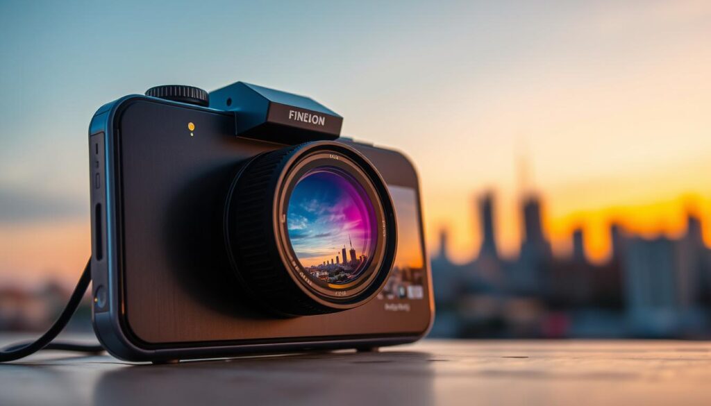 A high-end smartphone camera placed prominently in the foreground, showcasing its sleek design and advanced features. The camera should have a modern lens with visible optical elements, capturing the intricacies of its technology. In the middle ground, a soft-focus image of a vibrant cityscape captured by the camera highlights the versatility of telephoto capabilities, emphasizing clarity and depth. The background should feature a blurred sunset skyline, enhancing the mood of innovation and creativity in photography. Use warm, golden lighting to create an inviting atmosphere, while ensuring the camera and cityscape are sharply defined. The angle should be slightly tilted to convey a dynamic perspective, focusing on both the camera and its impressive capabilities.