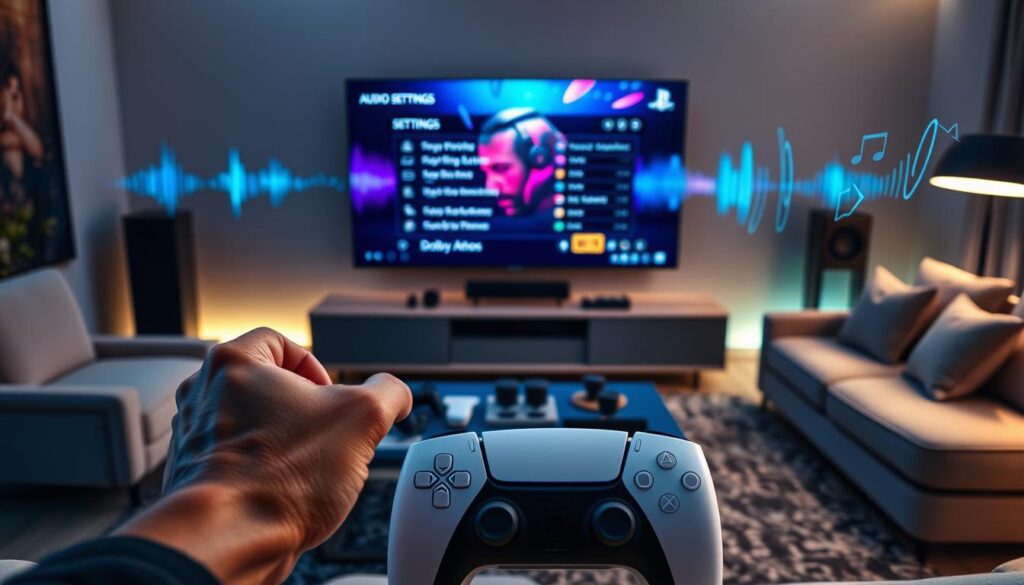 A modern living room featuring a sleek PlayStation 5 console connected to a high-end audio system. In the foreground, a close-up view of a person’s hands adjusting audio settings on the PS5’s user interface displayed on a large smart TV, showcasing the vibrant colors and detailed graphics of the sound settings menu. The middle ground includes a stylish coffee table with gaming accessories and a cozy couch. Soft ambient lighting emphasizes the high-tech atmosphere. In the background, sound waves and visual representations of audio enhancements like Dolby Atmos subtly fill the air, creating an immersive feeling. The overall mood is energetic and inviting, capturing the essence of a modern gaming experience.