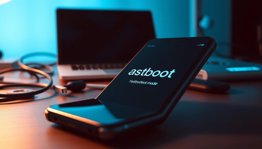 A modern smartphone interface displaying fastboot mode on its screen, focused and clearly showing the distinctive text and icons associated with fastboot. The foreground features a sleek, black smartphone with a glossy finish, angled slightly to reveal details on the screen. In the middle ground, a subtle setup of a cluttered tech workspace can be seen, with tools like a USB cable, laptop, and microchips, adding context. The background is softly blurred to emphasize the smartphone, with a cool blue ambient light casting reflections, creating a tech-savvy atmosphere. The overall mood is futuristic and professional, showcasing the importance of technology in troubleshooting mobile devices. The scene is captured from a low angle perspective to give prominence to the smartphone.