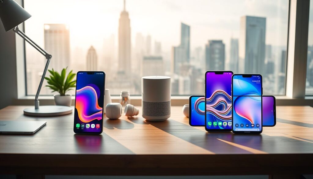 A modern workspace featuring two flagship smartphones, the Samsung S24 and Pixel 8, positioned prominently on a sleek wooden desk. In the foreground, the devices are displayed with their screens lit up, showcasing vibrant user interfaces illustrating connectivity features. In the middle ground, there are smart home devices, such as a smart speaker and connected light bulbs, creating an ecosystem around the smartphones. The background includes an abstract cityscape with digital elements symbolizing advanced technology and connectivity. Soft, natural lighting from a nearby window casts gentle shadows, enhancing the professionalism of the scene. The mood is dynamic yet sophisticated, emphasizing innovation in connectivity and ecosystem integration.