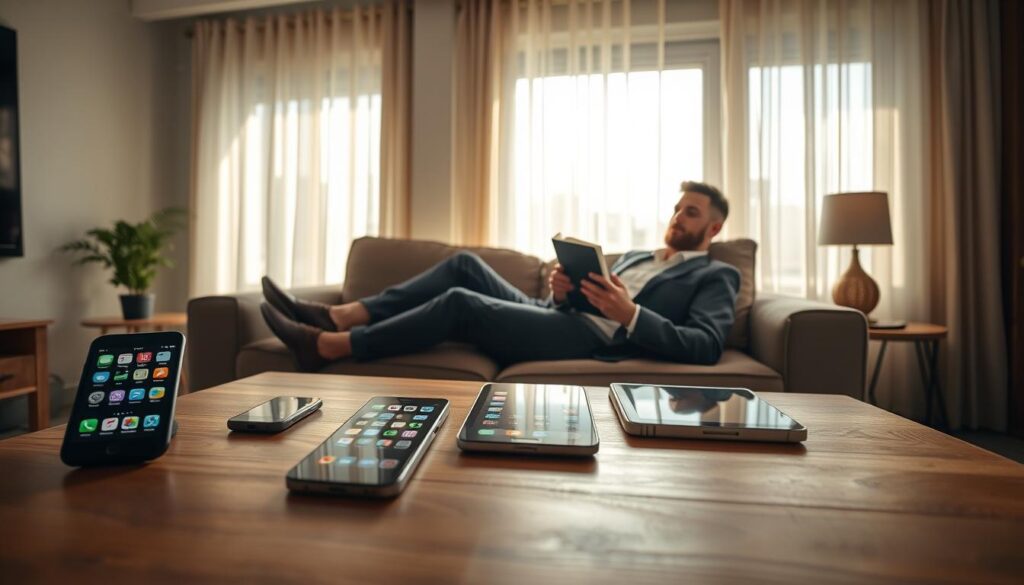 A serene living room scene designed to represent "Screen Time Downtime". In the foreground, a wooden coffee table holds a variety of digital devices such as a smartphone and tablet, both displaying enticing app icons. The middle ground features a plush couch with a person in professional business attire, reclining with a relaxed expression, engaging in offline activities like reading a book. The background displays a peaceful window view with soft sunlight streaming in, casting gentle shadows and creating a warm atmosphere. Light filters through sheer curtains, enhancing the cozy environment. The mood is calm and reflective, embodying a perfect balance between digital engagement and taking a break. The angle is slightly elevated, capturing the entire scene harmoniously. A serene living room scene designed to represent "Screen Time Downtime". In the foreground, a wooden coffee table holds a variety of digital devices such as a smartphone and tablet, both displaying enticing app icons. The middle ground features a plush couch with a person in professional business attire, reclining with a relaxed expression, engaging in offline activities like reading a book. The background displays a peaceful window view with soft sunlight streaming in, casting gentle shadows and creating a warm atmosphere. Light filters through sheer curtains, enhancing the cozy environment. The mood is calm and reflective, embodying a perfect balance between digital engagement and taking a break. The angle is slightly elevated, capturing the entire scene harmoniously.