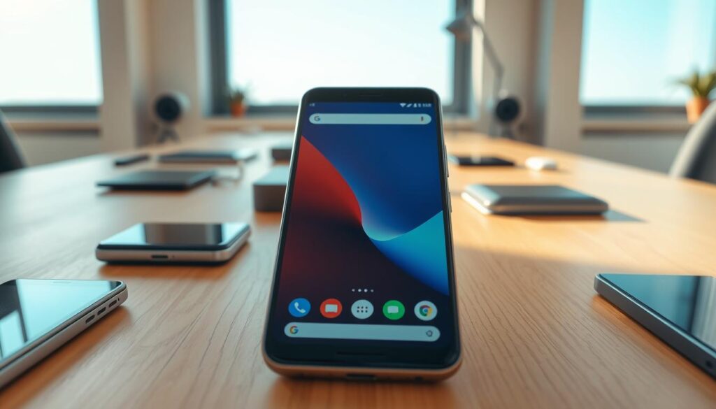 A sleek Google Pixel smartphone showcasing its features, prominently displayed in the foreground. The phone, with a polished finish and vibrant screen, is set on a minimalist wooden desk surrounded by tech accessories, conveying a modern workspace atmosphere. In the middle ground, a clear blue sky is visible through a large window, providing soft, natural lighting that enhances the phone’s colors. Out of focus in the background, there are subtle hints of a charging station, symbolizing wireless charging capabilities. The composition emphasizes professionalism and innovation, reflecting a tech-savvy lifestyle. Emotional tones of sophistication and reliability are suggested through warm lighting and a neutral color palette.