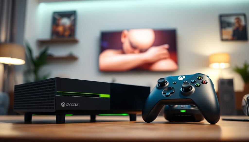 A sleek Xbox One console prominently displayed in the foreground, angled to showcase its elegant design with a matte black finish and glowing green accents. In the middle ground, a blurred game controller rests beside the console, suggesting readiness for gameplay. The background features a soft-focus ambiance of a modern living room, complete with ambient lighting that highlights the console and controller, creating a warm and inviting atmosphere. The lighting is soft but focused, mimicking a cozy gaming session. The overall mood conveys excitement and nostalgia for innovative gaming experiences, emphasizing the impact of exclusive titles on the Xbox ecosystem.