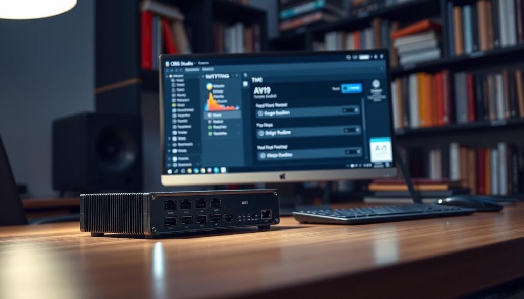 A sleek, modern workspace featuring a high-tech hardware encoder prominently placed on a stylish desk. In the foreground, the encoder is illuminated by soft, ambient lighting, showcasing its intricate design and high-quality ports. The middle ground includes a computer monitor displaying OBS Studio's interface with a focus on AV1 encoding settings, emphasizing compatibility features. The background features blurred shelves filled with technology books and reference materials, creating a professional atmosphere. The scene is shot with a shallow depth of field from a slightly elevated angle, adding a sense of sophistication. The overall mood is focused and technical, reflecting the theme of hardware and software encoder compatibility.