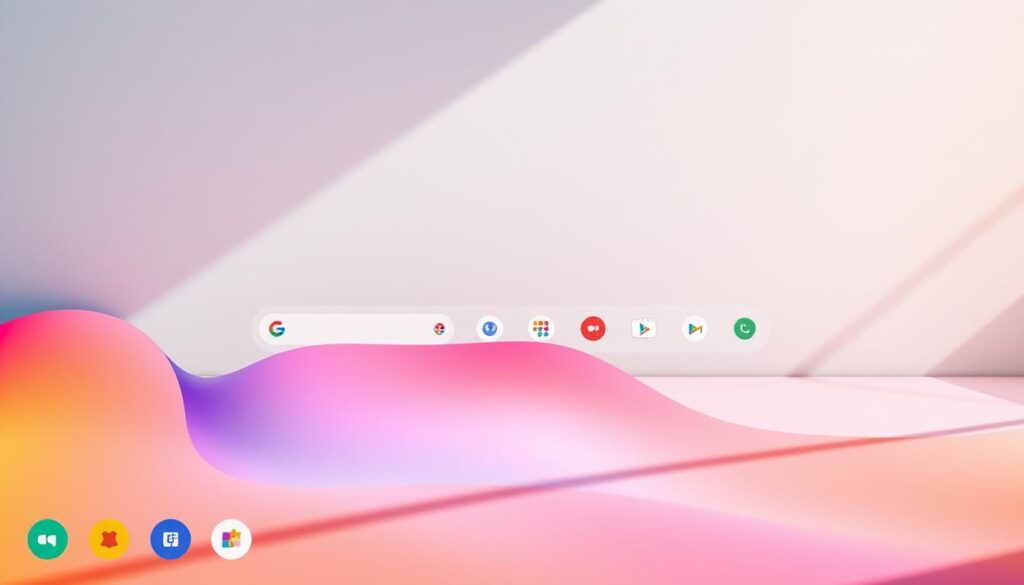 A vibrant Android 12 and 13 home screen showcasing the "Material You" design principles. In the foreground, features beautifully designed app icons with dynamic colors and personalized theming, reflecting user preferences. The middle layer presents a sleek taskbar reminiscent of ChromeOS, featuring intuitive icons for multitasking and notifications. In the background, a soft gradient that transitions through pastel colors enhances the overall aesthetic, evoking a sense of modernity and fluidity. The scene is illuminated with natural light, casting gentle shadows that add depth, while a slight tilt angle provides an engaging perspective. The mood is fresh and innovative, encapsulating the excitement of multitasking on a large screen in a user-friendly interface. No text or distractions; focus on the stunning UI elements and harmonious color palette.