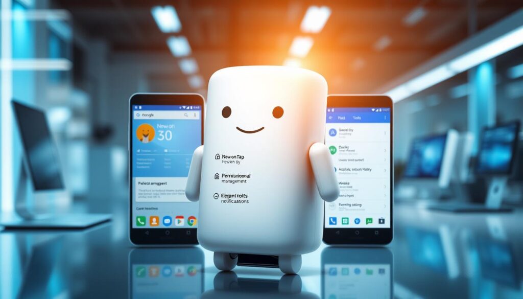 A vibrant and futuristic representation of Android 6.0 Marshmallow, showcasing its distinct user interface features. In the foreground, an abstract depiction of the Marshmallow mascot, designed with smooth, rounded shapes and a glossy finish, stands prominently. The middle layer illustrates smartphone screens displaying the sleek new UI elements such as the 'Now on Tap' feature, permission management settings, and elegant notifications. The background features a blurred, modern tech workspace with soft blue and white lighting to create a clean and inviting atmosphere. A slight lens flare adds a hint of warmth, evoking a sense of innovation. The overall mood should be energetic and forward-looking, reflecting the modern UX foundation that Android 6.0 introduced.