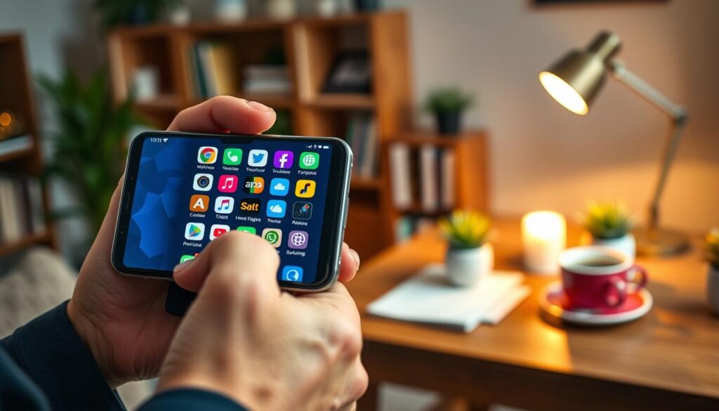 A vibrant and modern alternative app store interface displayed on a sleek smartphone screen, showcasing various colorful app icons arranged in an eye-catching layout. In the foreground, a person in a smart casual outfit is intently exploring the apps, their hand hovering over the screen. The middle ground features a cozy home workspace with a wooden desk, a potted plant, and a warm cup of coffee adding to the inviting atmosphere. The background reveals a softly lit room with subtle elements like bookshelves and soft-focus ambient lighting. The overall mood is innovative and productive, emphasizing the excitement of discovering trusted app alternatives outside the conventional Play Store. The image should have a slight depth of field effect, drawing attention to the smartphone while gently blurring the background.