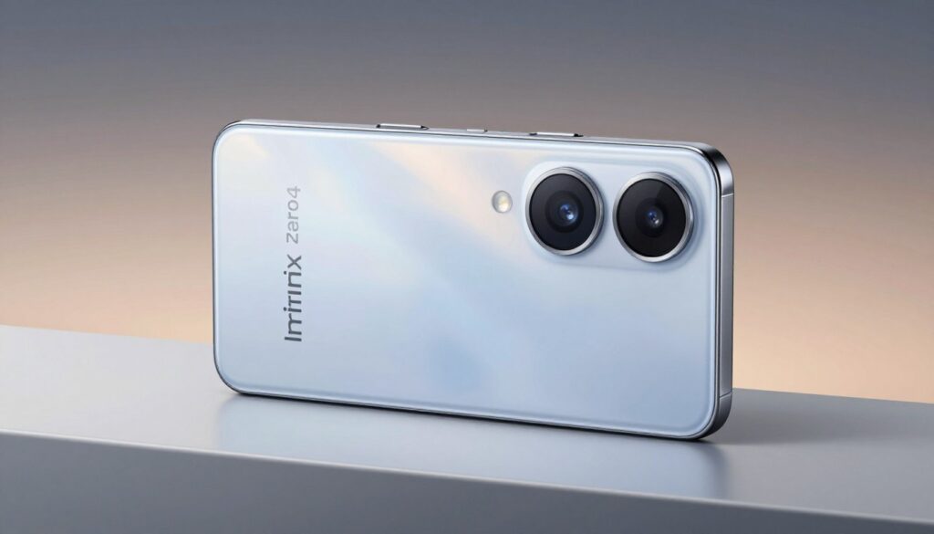 A close-up of the Infinix Zero 40 smartphone displaying its impressive triple camera system: a 108MP main lens and a 50MP ultrawide lens, elegantly arranged on the back. The smartphone is positioned on a clean, modern surface with a subtle gradient background that enhances its design, emphasizing the sleek curves and premium finish. Soft, diffused lighting highlights the camera lenses, casting gentle reflections that accentuate their detail. The atmosphere is tech-savvy and stylish, conveying an air of innovation and sophistication. Sharp focus on the camera while subtly blurring the background to draw attention to the intricate details of the lenses and the smartphone's craftsmanship. No text or logos in the image.