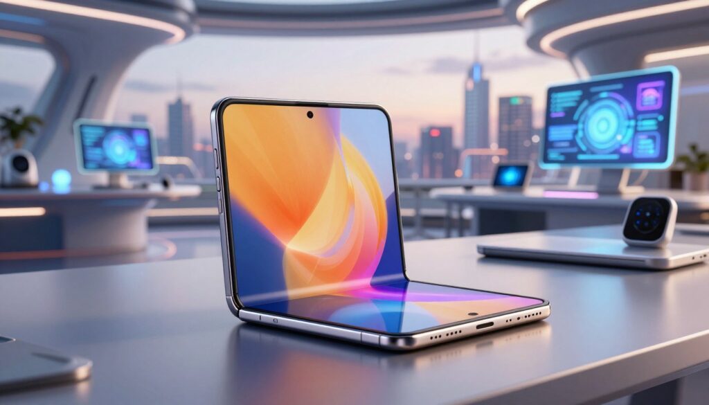 A futuristic smartphone showcasing innovative AI technology and a foldable screen design, placed prominently in the foreground. The device has a sleek, minimalistic design with a vibrant, edge-to-edge OLED display that seamlessly unfolds. In the middle ground, a high-tech workspace is visible, featuring smart gadgets and holographic displays that hint at advanced AI integration. The background features a dynamic cityscape, with futuristic architecture and digital billboards subtly illuminated by twilight lighting. The scene is captured from a slightly elevated angle, enhancing the modern atmosphere. Soft, ambient light casts gentle reflections on the smartphone, creating a sophisticated and aspirational mood.