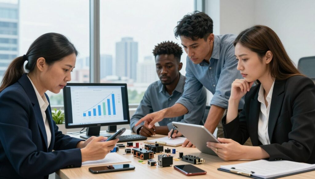 A modern office setting, with a diverse group of three professionals engaged in a focused discussion around a table filled with electronic components and smartphones. In the foreground, a middle-aged Asian woman in business attire examines a smartphone, while a young Black man points at a chart displaying rising component costs. A Caucasian woman takes notes on a tablet, her expression thoughtful. In the background, a large window reveals a city skyline, casting soft, natural light into the room. The mood is collaborative and tense, highlighting the challenges producers face with rising component prices. Use a wide-angle lens to capture the dynamic environment and ensure the colors are vibrant yet professional, evoking a sense of urgency and strategic thinking.