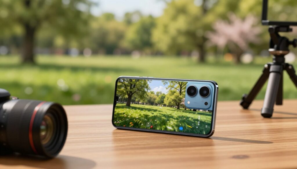 A modern smartphone, the Infinix Zero 40, lies on a polished wooden table, angled at a slight tilt to showcase its sleek design. In the foreground, a camera lens captures a vibrant outdoor scene featuring a lush green park with trees and blooming flowers under bright sunlight. The shallow depth of field enhances the smartphone's high-resolution camera specs, creating a soft blur in the background. The lighting is warm and inviting, casting gentle shadows. A tripod stands nearby, emphasizing the video performance testing setup. The mood is dynamic yet professional, focused on innovation in mobile photography. No additional elements or text should be present in the image.
